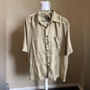 BRUNO silk tan and black short sleeve collared button down shirt | large